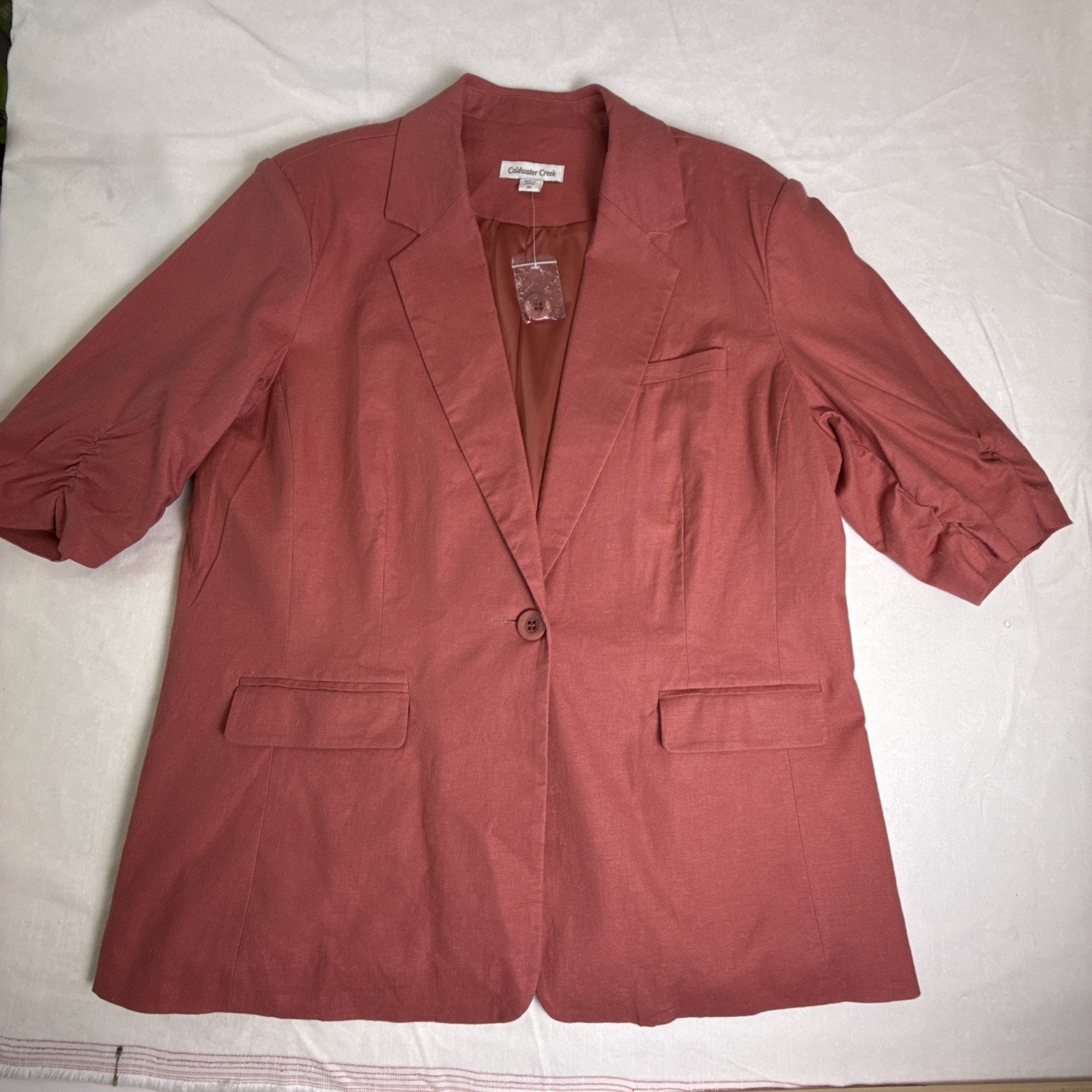 Coldwater Creek Linen Blazer Womens Xl Coral 3/4 Sleeve Collared Single Button